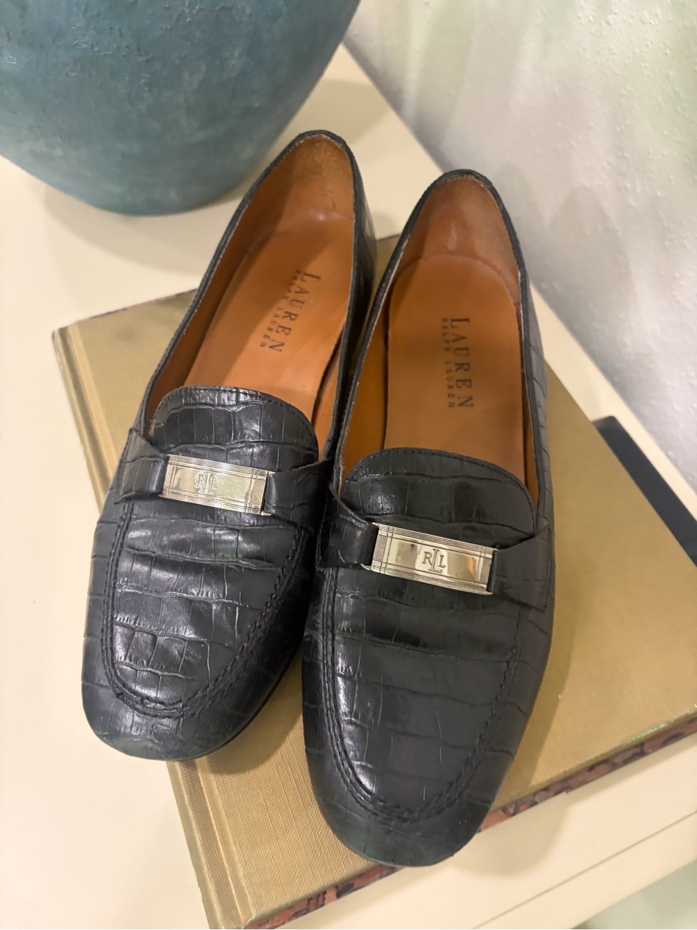 Lauren Ralph Lauren Black Croc-Embossed Leather Loafers with Metal Accent